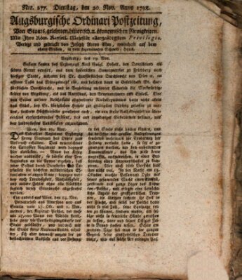 Augsburgische Ordinari Postzeitung von Staats-, gelehrten, historisch- u. ökonomischen Neuigkeiten (Augsburger Postzeitung) Dienstag 20. November 1798