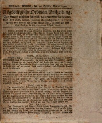 Augsburgische Ordinari Postzeitung von Staats-, gelehrten, historisch- u. ökonomischen Neuigkeiten (Augsburger Postzeitung) Montag 14. Oktober 1799