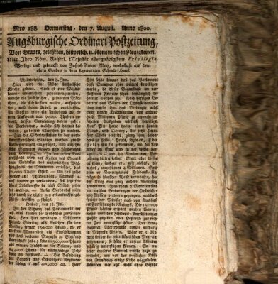 Augsburgische Ordinari Postzeitung von Staats-, gelehrten, historisch- u. ökonomischen Neuigkeiten (Augsburger Postzeitung) Donnerstag 7. August 1800