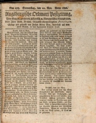 Augsburgische Ordinari Postzeitung von Staats-, gelehrten, historisch- u. ökonomischen Neuigkeiten (Augsburger Postzeitung) Donnerstag 20. November 1800