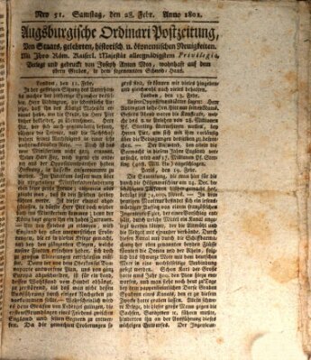 Augsburgische Ordinari Postzeitung von Staats-, gelehrten, historisch- u. ökonomischen Neuigkeiten (Augsburger Postzeitung) Samstag 28. Februar 1801