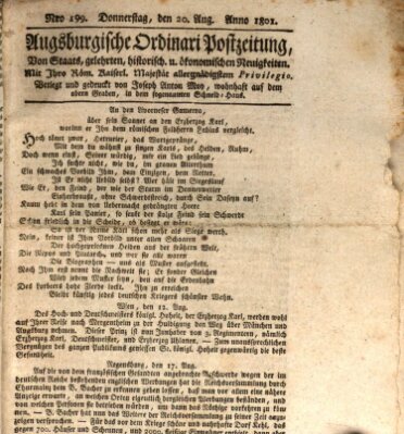 Augsburgische Ordinari Postzeitung von Staats-, gelehrten, historisch- u. ökonomischen Neuigkeiten (Augsburger Postzeitung) Donnerstag 20. August 1801