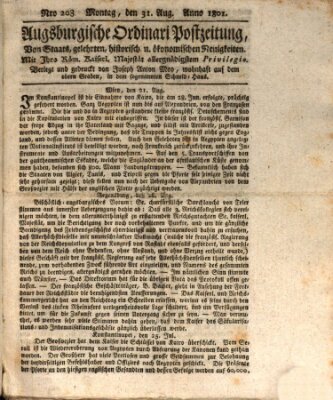 Augsburgische Ordinari Postzeitung von Staats-, gelehrten, historisch- u. ökonomischen Neuigkeiten (Augsburger Postzeitung) Montag 31. August 1801