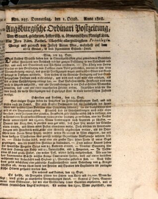 Augsburgische Ordinari Postzeitung von Staats-, gelehrten, historisch- u. ökonomischen Neuigkeiten (Augsburger Postzeitung) Donnerstag 1. Oktober 1801