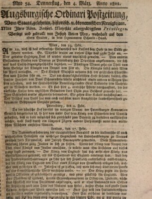 Augsburgische Ordinari Postzeitung von Staats-, gelehrten, historisch- u. ökonomischen Neuigkeiten (Augsburger Postzeitung) Donnerstag 4. März 1802