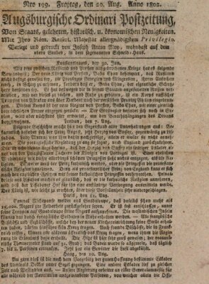 Augsburgische Ordinari Postzeitung von Staats-, gelehrten, historisch- u. ökonomischen Neuigkeiten (Augsburger Postzeitung) Freitag 20. August 1802