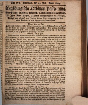 Augsburgische Ordinari Postzeitung von Staats-, gelehrten, historisch- u. ökonomischen Neuigkeiten (Augsburger Postzeitung) Samstag 23. Juli 1803