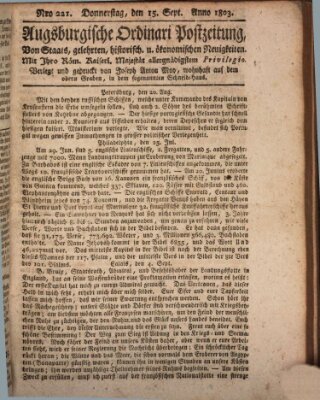 Augsburgische Ordinari Postzeitung von Staats-, gelehrten, historisch- u. ökonomischen Neuigkeiten (Augsburger Postzeitung) Donnerstag 15. September 1803
