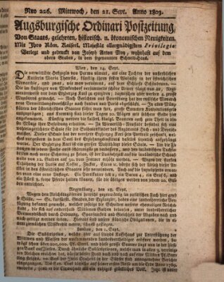 Augsburgische Ordinari Postzeitung von Staats-, gelehrten, historisch- u. ökonomischen Neuigkeiten (Augsburger Postzeitung) Mittwoch 21. September 1803