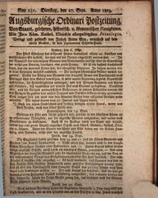 Augsburgische Ordinari Postzeitung von Staats-, gelehrten, historisch- u. ökonomischen Neuigkeiten (Augsburger Postzeitung) Dienstag 27. September 1803