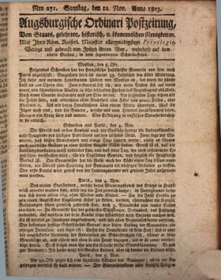 Augsburgische Ordinari Postzeitung von Staats-, gelehrten, historisch- u. ökonomischen Neuigkeiten (Augsburger Postzeitung) Samstag 12. November 1803