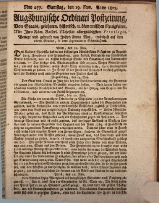 Augsburgische Ordinari Postzeitung von Staats-, gelehrten, historisch- u. ökonomischen Neuigkeiten (Augsburger Postzeitung) Samstag 19. November 1803