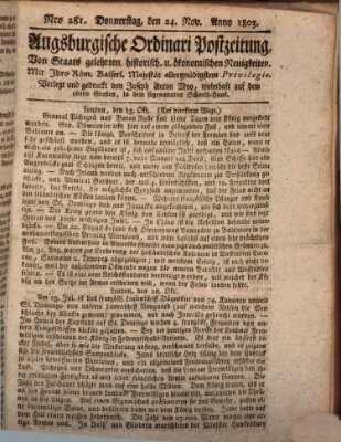 Augsburgische Ordinari Postzeitung von Staats-, gelehrten, historisch- u. ökonomischen Neuigkeiten (Augsburger Postzeitung) Donnerstag 24. November 1803