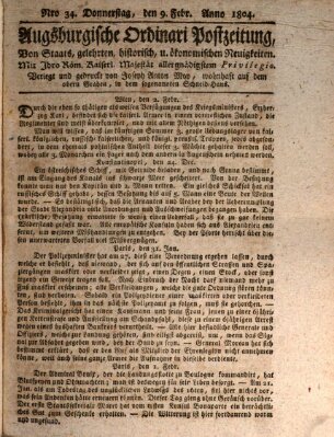 Augsburgische Ordinari Postzeitung von Staats-, gelehrten, historisch- u. ökonomischen Neuigkeiten (Augsburger Postzeitung) Donnerstag 9. Februar 1804