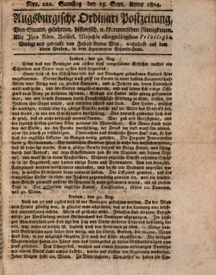 Augsburgische Ordinari Postzeitung von Staats-, gelehrten, historisch- u. ökonomischen Neuigkeiten (Augsburger Postzeitung) Samstag 15. September 1804