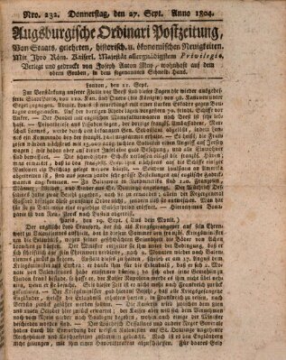 Augsburgische Ordinari Postzeitung von Staats-, gelehrten, historisch- u. ökonomischen Neuigkeiten (Augsburger Postzeitung) Donnerstag 27. September 1804
