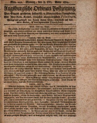 Augsburgische Ordinari Postzeitung von Staats-, gelehrten, historisch- u. ökonomischen Neuigkeiten (Augsburger Postzeitung) Montag 8. Oktober 1804