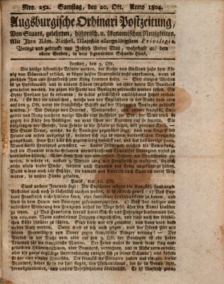 Augsburgische Ordinari Postzeitung von Staats-, gelehrten, historisch- u. ökonomischen Neuigkeiten (Augsburger Postzeitung) Samstag 20. Oktober 1804