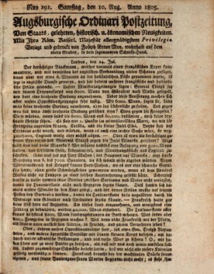 Augsburgische Ordinari Postzeitung von Staats-, gelehrten, historisch- u. ökonomischen Neuigkeiten (Augsburger Postzeitung) Samstag 10. August 1805