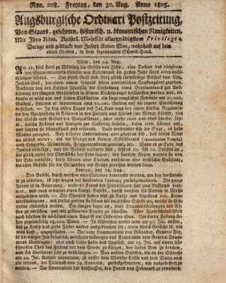 Augsburgische Ordinari Postzeitung von Staats-, gelehrten, historisch- u. ökonomischen Neuigkeiten (Augsburger Postzeitung) Freitag 30. August 1805