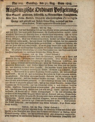 Augsburgische Ordinari Postzeitung von Staats-, gelehrten, historisch- u. ökonomischen Neuigkeiten (Augsburger Postzeitung) Samstag 31. August 1805