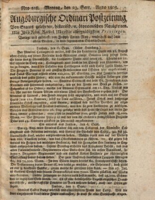 Augsburgische Ordinari Postzeitung von Staats-, gelehrten, historisch- u. ökonomischen Neuigkeiten (Augsburger Postzeitung) Montag 23. September 1805