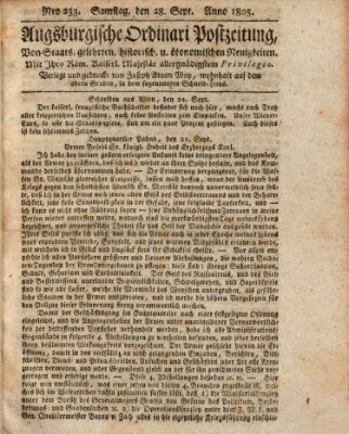 Augsburgische Ordinari Postzeitung von Staats-, gelehrten, historisch- u. ökonomischen Neuigkeiten (Augsburger Postzeitung) Samstag 28. September 1805