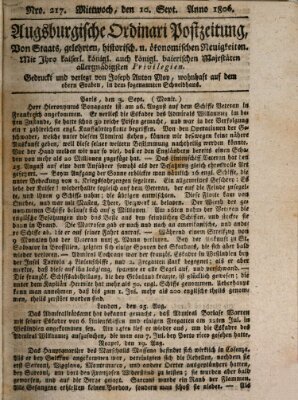 Augsburgische Ordinari Postzeitung von Staats-, gelehrten, historisch- u. ökonomischen Neuigkeiten (Augsburger Postzeitung) Mittwoch 10. September 1806