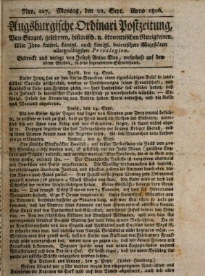 Augsburgische Ordinari Postzeitung von Staats-, gelehrten, historisch- u. ökonomischen Neuigkeiten (Augsburger Postzeitung) Montag 22. September 1806