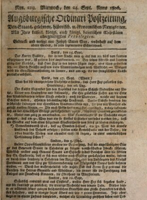 Augsburgische Ordinari Postzeitung von Staats-, gelehrten, historisch- u. ökonomischen Neuigkeiten (Augsburger Postzeitung) Mittwoch 24. September 1806