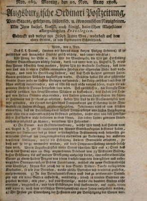 Augsburgische Ordinari Postzeitung von Staats-, gelehrten, historisch- u. ökonomischen Neuigkeiten (Augsburger Postzeitung) Montag 10. November 1806