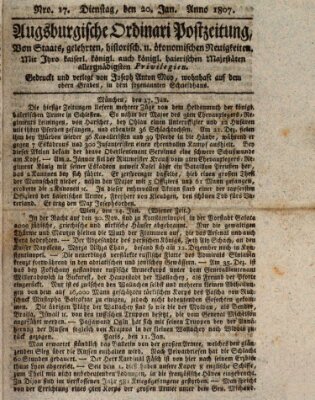 Augsburgische Ordinari Postzeitung von Staats-, gelehrten, historisch- u. ökonomischen Neuigkeiten (Augsburger Postzeitung) Dienstag 20. Januar 1807