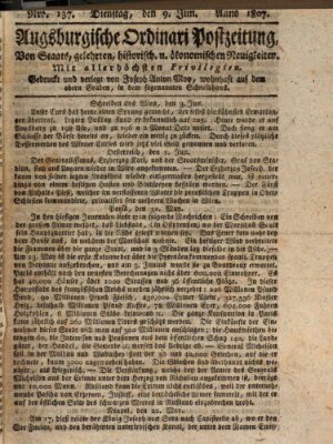 Augsburgische Ordinari Postzeitung von Staats-, gelehrten, historisch- u. ökonomischen Neuigkeiten (Augsburger Postzeitung) Dienstag 9. Juni 1807