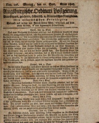 Augsburgische Ordinari Postzeitung von Staats-, gelehrten, historisch- u. ökonomischen Neuigkeiten (Augsburger Postzeitung) Montag 21. September 1807