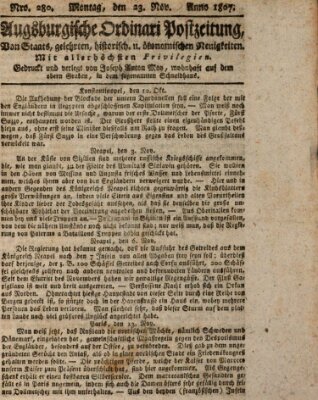 Augsburgische Ordinari Postzeitung von Staats-, gelehrten, historisch- u. ökonomischen Neuigkeiten (Augsburger Postzeitung) Montag 23. November 1807