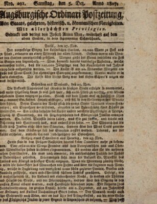 Augsburgische Ordinari Postzeitung von Staats-, gelehrten, historisch- u. ökonomischen Neuigkeiten (Augsburger Postzeitung) Samstag 5. Dezember 1807