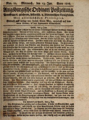 Augsburgische Ordinari Postzeitung von Staats-, gelehrten, historisch- u. ökonomischen Neuigkeiten (Augsburger Postzeitung) Mittwoch 13. Januar 1808