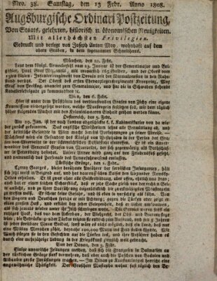 Augsburgische Ordinari Postzeitung von Staats-, gelehrten, historisch- u. ökonomischen Neuigkeiten (Augsburger Postzeitung) Samstag 13. Februar 1808
