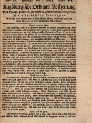 Augsburgische Ordinari Postzeitung von Staats-, gelehrten, historisch- u. ökonomischen Neuigkeiten (Augsburger Postzeitung) Montag 7. März 1808