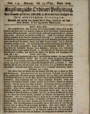 Augsburgische Ordinari Postzeitung von Staats-, gelehrten, historisch- u. ökonomischen Neuigkeiten (Augsburger Postzeitung) Freitag 13. Mai 1808