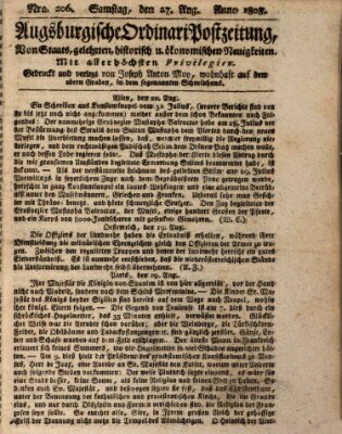 Augsburgische Ordinari Postzeitung von Staats-, gelehrten, historisch- u. ökonomischen Neuigkeiten (Augsburger Postzeitung) Samstag 27. August 1808