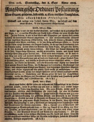 Augsburgische Ordinari Postzeitung von Staats-, gelehrten, historisch- u. ökonomischen Neuigkeiten (Augsburger Postzeitung) Donnerstag 8. September 1808