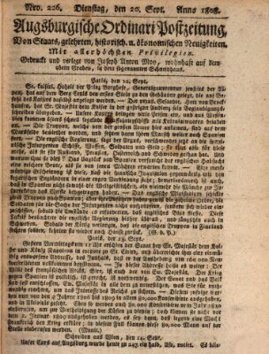 Augsburgische Ordinari Postzeitung von Staats-, gelehrten, historisch- u. ökonomischen Neuigkeiten (Augsburger Postzeitung) Dienstag 20. September 1808