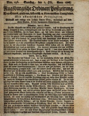 Augsburgische Ordinari Postzeitung von Staats-, gelehrten, historisch- u. ökonomischen Neuigkeiten (Augsburger Postzeitung) Samstag 1. Oktober 1808