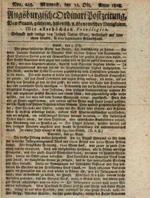 Augsburgische Ordinari Postzeitung von Staats-, gelehrten, historisch- u. ökonomischen Neuigkeiten (Augsburger Postzeitung) Mittwoch 12. Oktober 1808