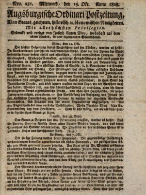 Augsburgische Ordinari Postzeitung von Staats-, gelehrten, historisch- u. ökonomischen Neuigkeiten (Augsburger Postzeitung) Mittwoch 19. Oktober 1808