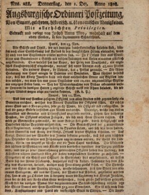 Augsburgische Ordinari Postzeitung von Staats-, gelehrten, historisch- u. ökonomischen Neuigkeiten (Augsburger Postzeitung) Donnerstag 1. Dezember 1808