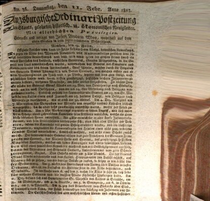 Augsburgische Ordinari Postzeitung von Staats-, gelehrten, historisch- u. ökonomischen Neuigkeiten (Augsburger Postzeitung) Donnerstag 11. Februar 1813