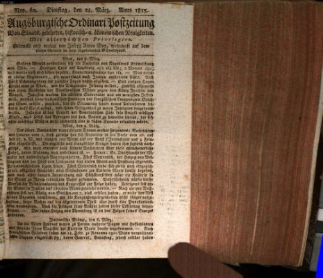 Augsburgische Ordinari Postzeitung von Staats-, gelehrten, historisch- u. ökonomischen Neuigkeiten (Augsburger Postzeitung) Dienstag 14. März 1815