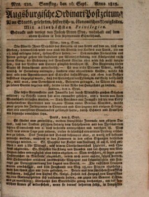 Augsburgische Ordinari Postzeitung von Staats-, gelehrten, historisch- u. ökonomischen Neuigkeiten (Augsburger Postzeitung) Samstag 16. September 1815